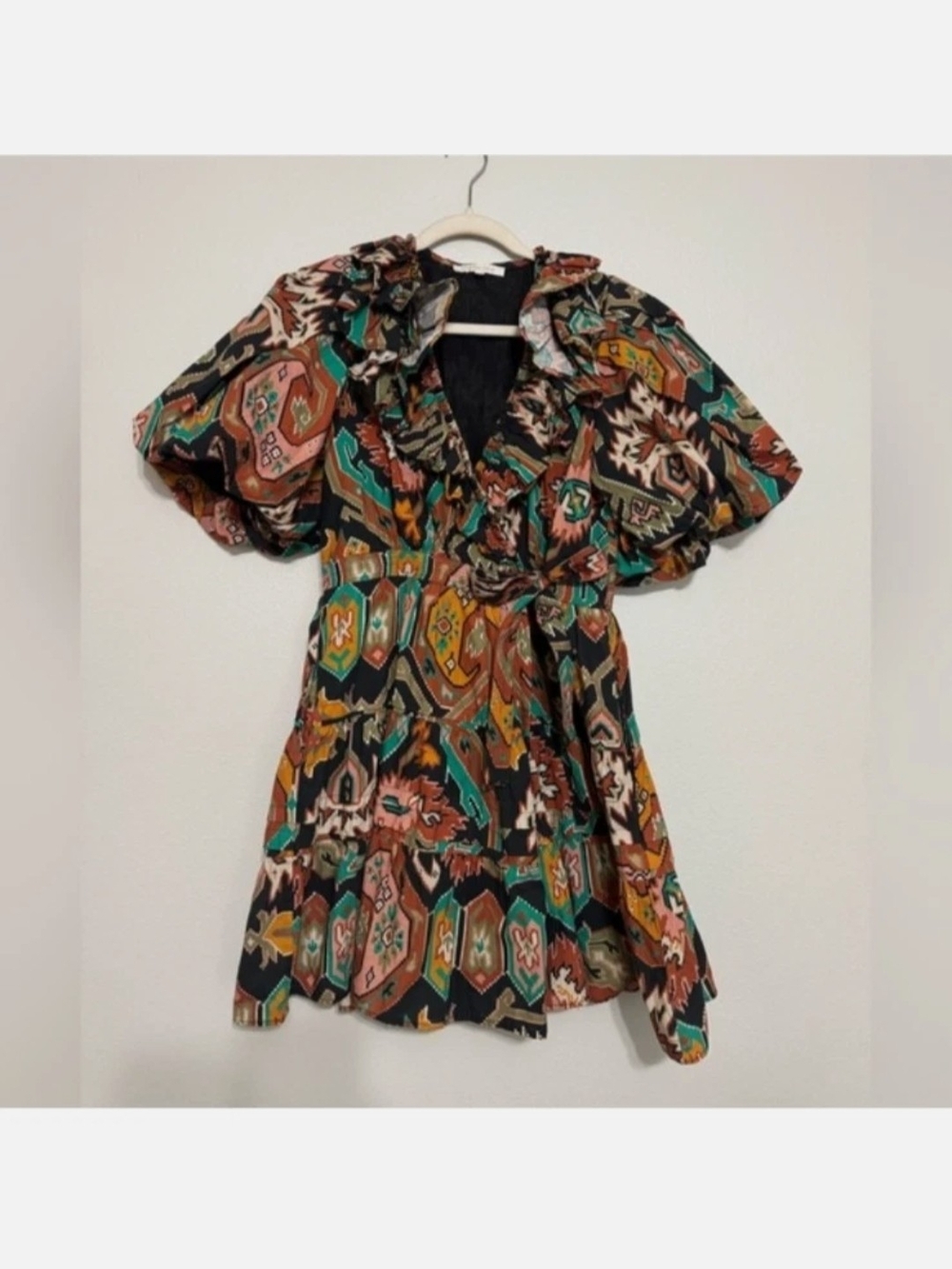 Love The Label Remy RuffleBoho Floral Print Puff-Sleeve Mini Dress - Brown Multi - Picture 2 of 4